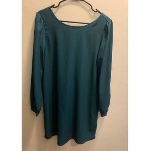 Semi-formal Teal long sleeved shift dress with bow